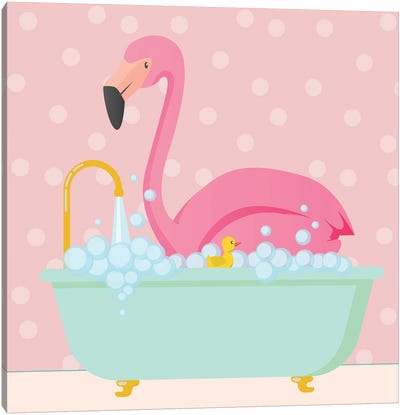 Flamingo Taking A Bath Canvas Art Print - Jania Sharipzhanova