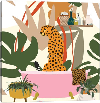 Cheetah In Bathtub Canvas Art Print - Jania Sharipzhanova