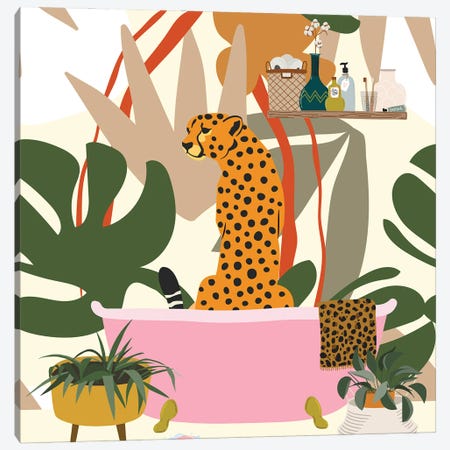 Cheetah In Bathtub Canvas Print #SHZ174} by Jania Sharipzhanova Canvas Print