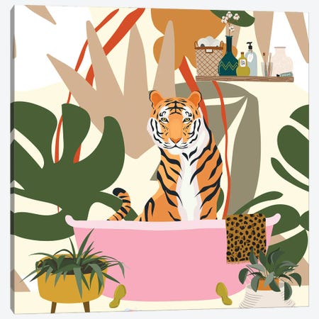 Tiger In Bathtub Canvas Print #SHZ175} by Jania Sharipzhanova Canvas Print