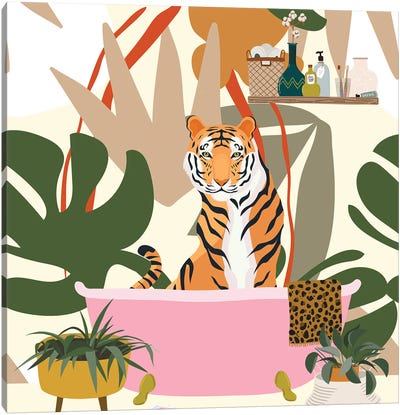 Tiger In Bathtub Canvas Art Print - Monstera Art