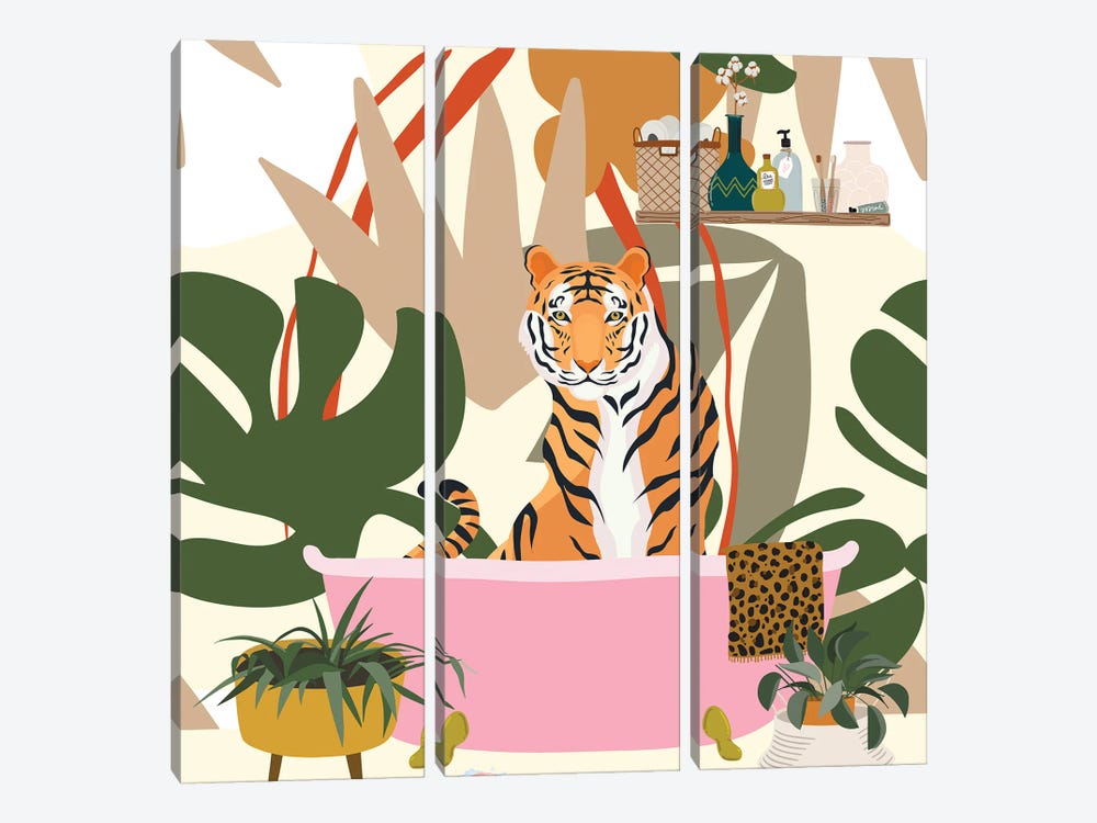 Tiger In Bathtub by Jania Sharipzhanova 3-piece Canvas Print