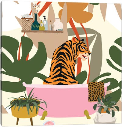 Tiger Taking A Bubble Bath Canvas Art Print - Jania Sharipzhanova