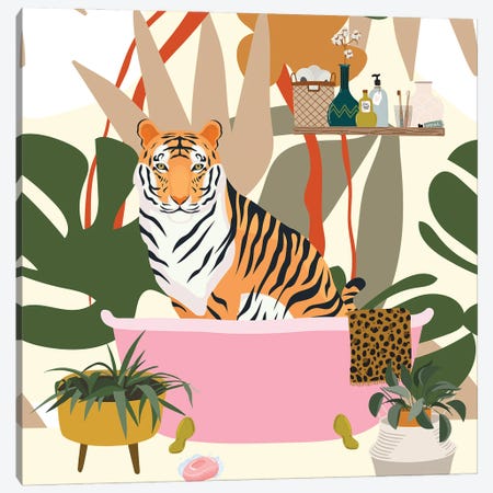 Tiger In Boho Bathroom Canvas Print #SHZ177} by Jania Sharipzhanova Canvas Print