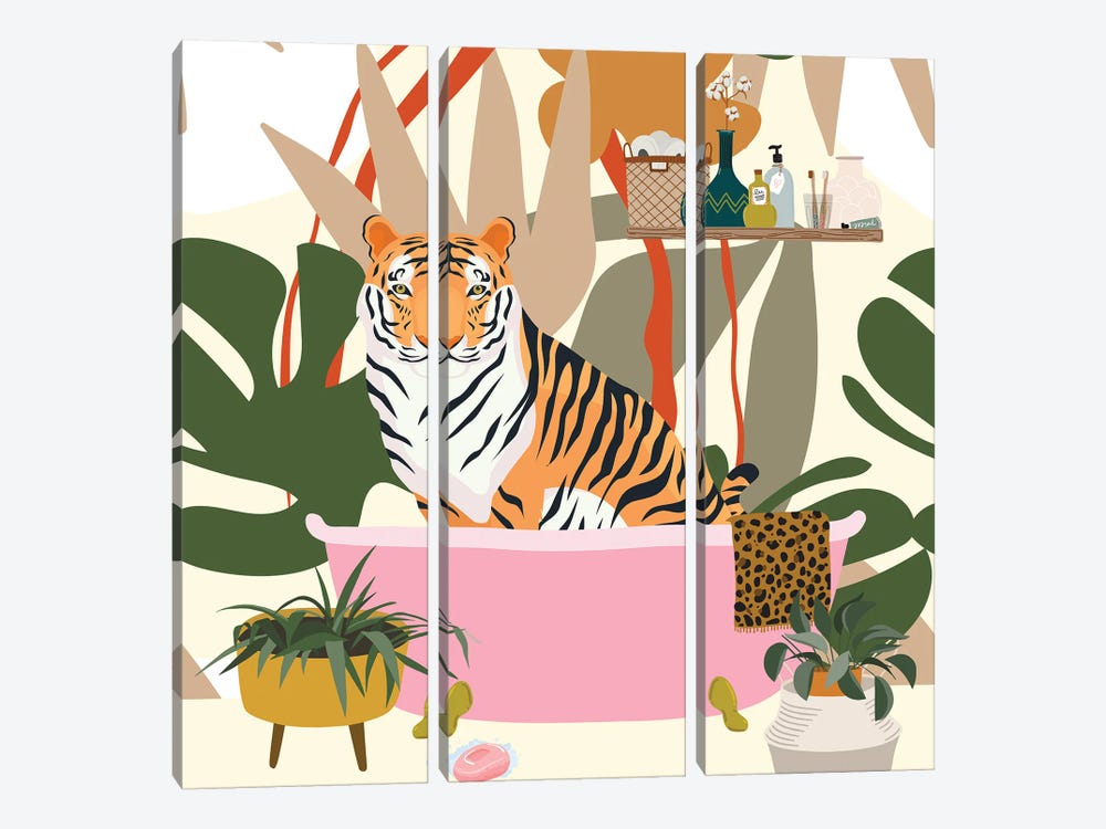 Tiger In Boho Bathroom by Jania Sharipzhanova 3-piece Canvas Art Print
