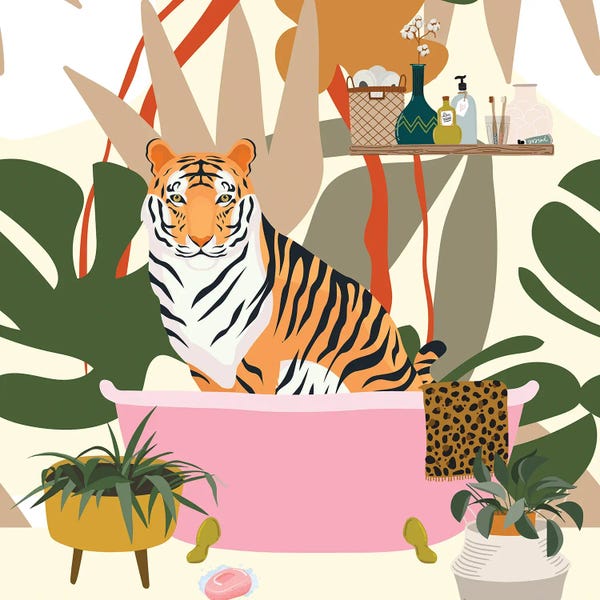 Monsteras: Tiger In Boho Bathroom by Jania Sharipzhanova