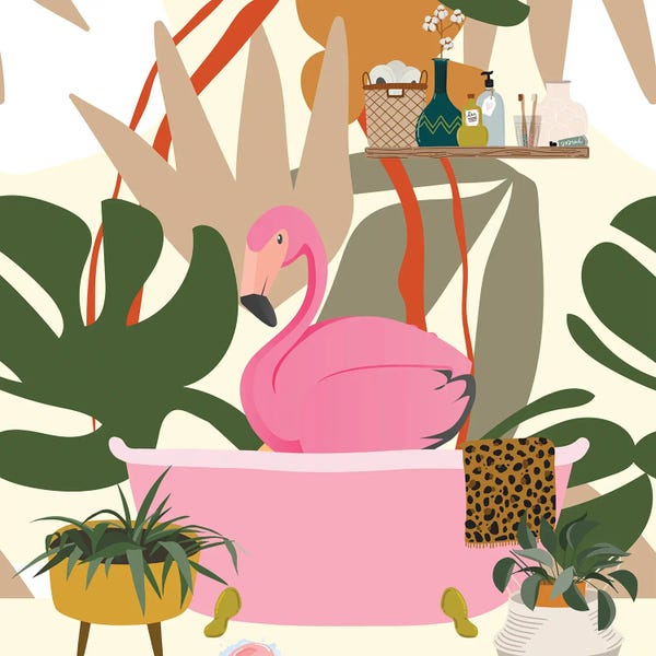 Monsteras: Flamingo Taking A Bubble Bath by Jania Sharipzhanova