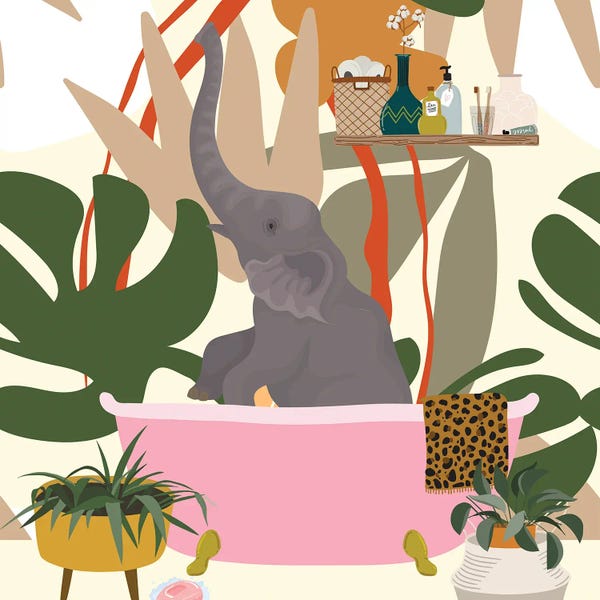 Bathroom Humor: Elephant Taking A Bubble Bath by Jania Sharipzhanova
