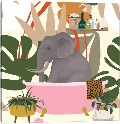 Elephant In Boho Bathroom Canvas Art Print - Monstera Art