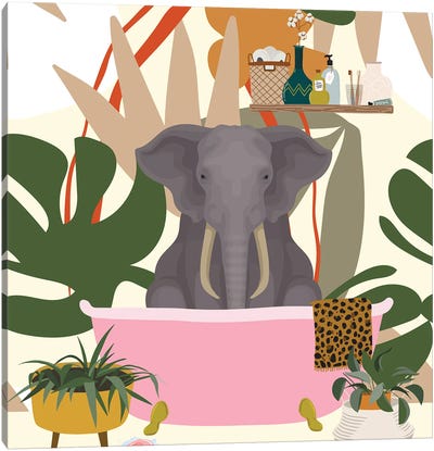 Elephant Boho Bathroom Canvas Art Print - Monstera Art