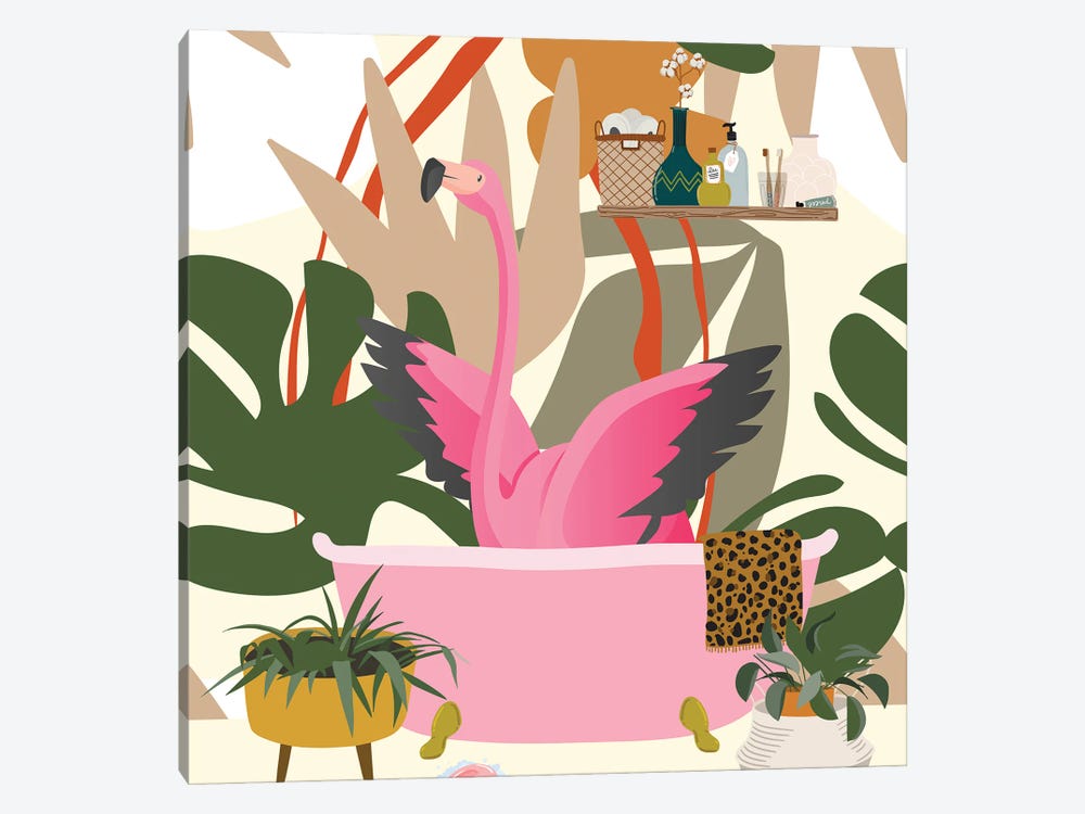Flamingo In Bohemian Bathroom by Jania Sharipzhanova 1-piece Canvas Art Print