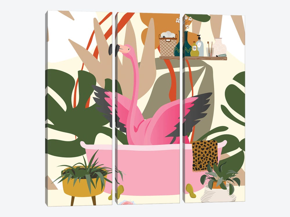 Flamingo In Bohemian Bathroom by Jania Sharipzhanova 3-piece Art Print