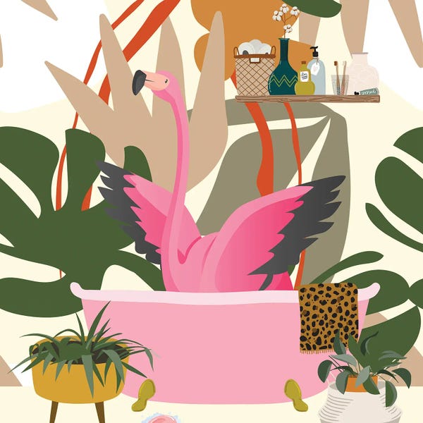 Flamingos: Flamingo In Bohemian Bathroom by Jania Sharipzhanova