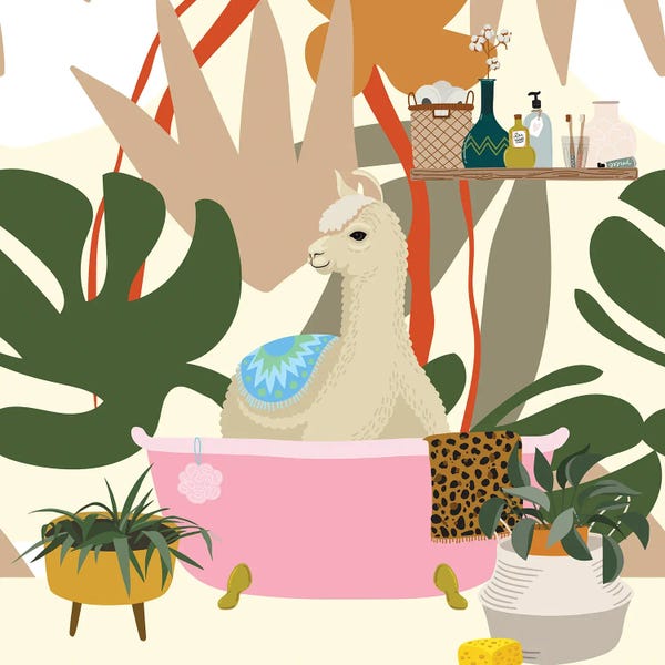 Llamas: Llama In Bohemian Bathroom by Jania Sharipzhanova