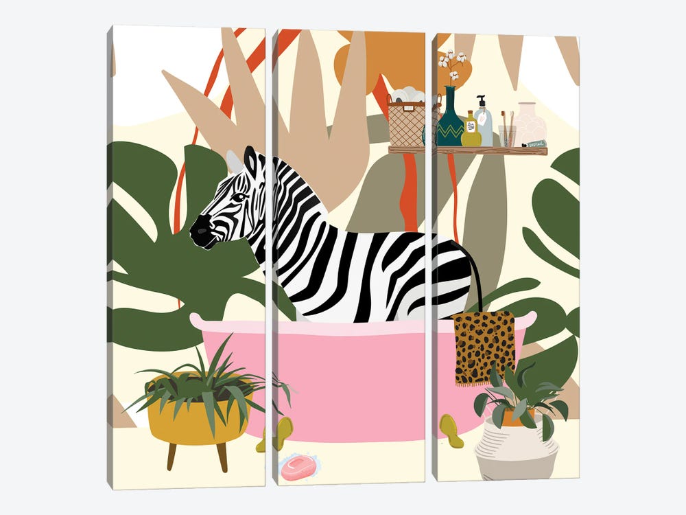 Zebra Taking A Bath by Jania Sharipzhanova 3-piece Canvas Art Print
