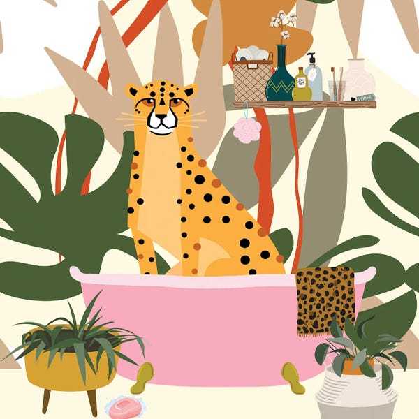 Monsteras: Cheetah In Bohemian Bathroom by Jania Sharipzhanova