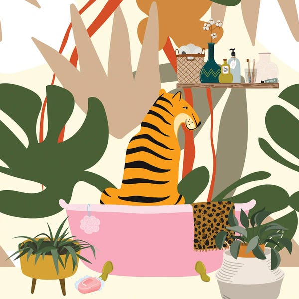Monsteras: Tiger In Bohemian Bathroom by Jania Sharipzhanova
