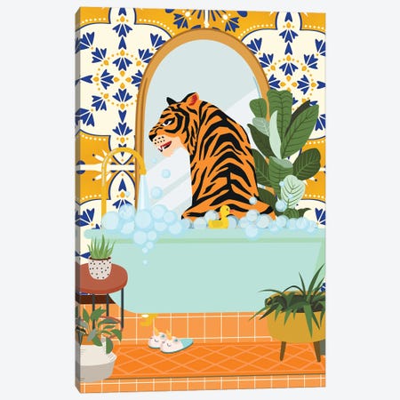 Tiger In Bathtub Taking A Bubble Bath Canvas Print #SHZ198} by Jania Sharipzhanova Canvas Artwork