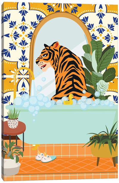 Tiger In Bathtub Taking A Bubble Bath Canvas Art Print - Jania Sharipzhanova