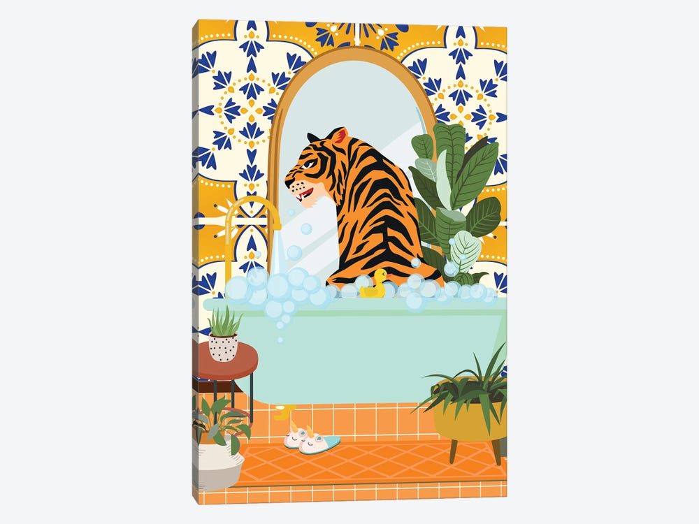Tiger In Bathtub Taking A Bubble Bath by Jania Sharipzhanova 1-piece Canvas Wall Art