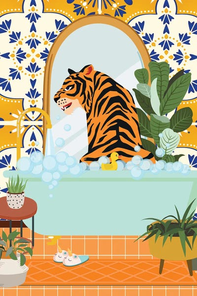 Moroccan Décor: Tiger In Bathtub Taking A Bubble Bath by Jania Sharipzhanova