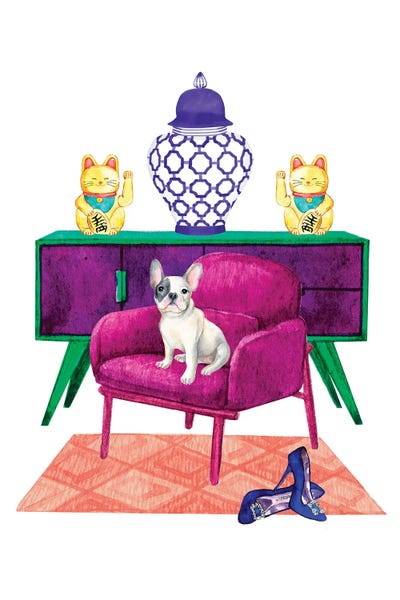 Charming Blue: French Bulldog In Living Room by Jania Sharipzhanova