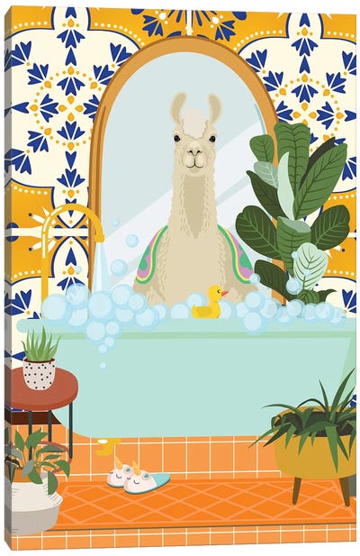 Llama In Boho Bathroom With Moroccan Tile Canvas Art Print - Llama & Alpaca Art