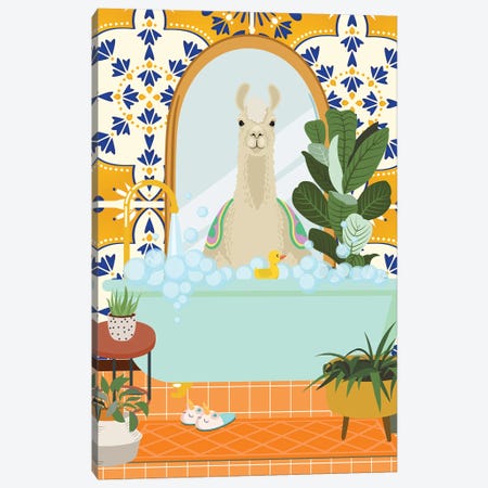 Llama In Boho Bathroom With Moroccan Tile Canvas Print #SHZ200} by Jania Sharipzhanova Canvas Art