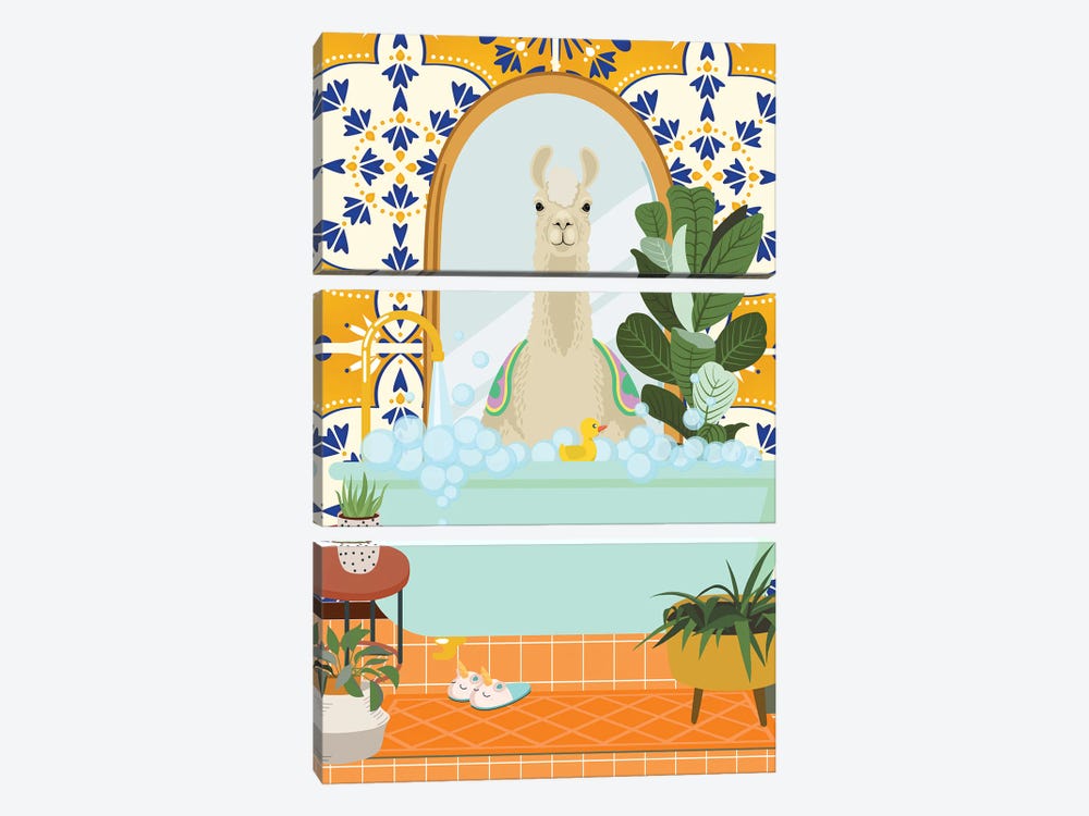 Llama In Boho Bathroom With Moroccan Tile by Jania Sharipzhanova 3-piece Canvas Print