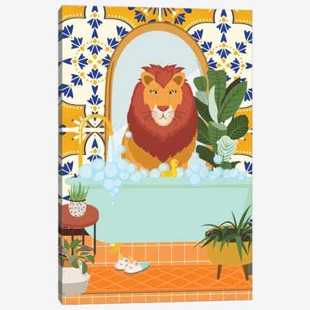 Lion In Boho Bathroom With Moroccan Tile Canvas Print #SHZ201} by Jania Sharipzhanova Canvas Art