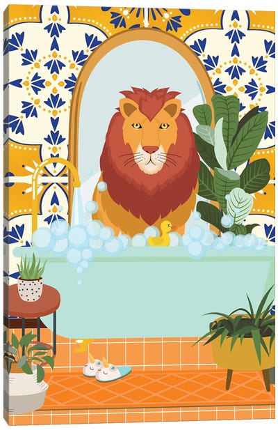 Lion In Boho Bathroom With Moroccan Tile Canvas Art Print