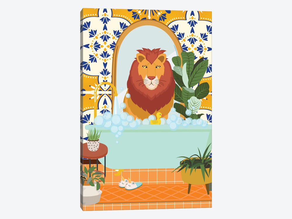 Lion In Boho Bathroom With Moroccan Tile by Jania Sharipzhanova 1-piece Canvas Artwork