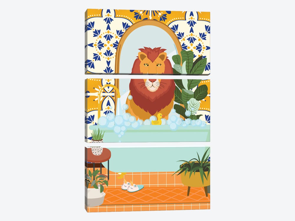 Lion In Boho Bathroom With Moroccan Tile by Jania Sharipzhanova 3-piece Canvas Art