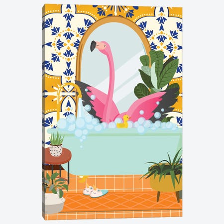 Flamingo In Boho Bathroom With Moroccan Tile Canvas Print #SHZ202} by Jania Sharipzhanova Canvas Art