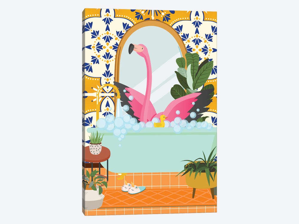 Flamingo In Boho Bathroom With Moroccan Tile by Jania Sharipzhanova 1-piece Canvas Art Print