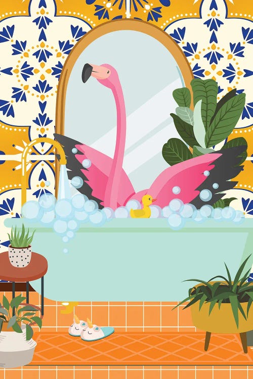 Flamingo In Boho Bathroom With Moroccan Tile