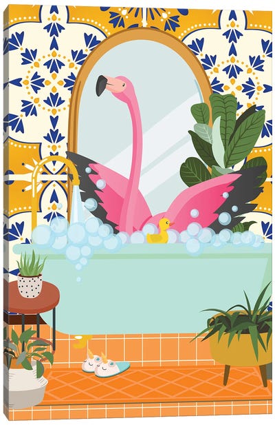 Flamingo In Boho Bathroom With Moroccan Tile Canvas Art Print - Flamingo Art