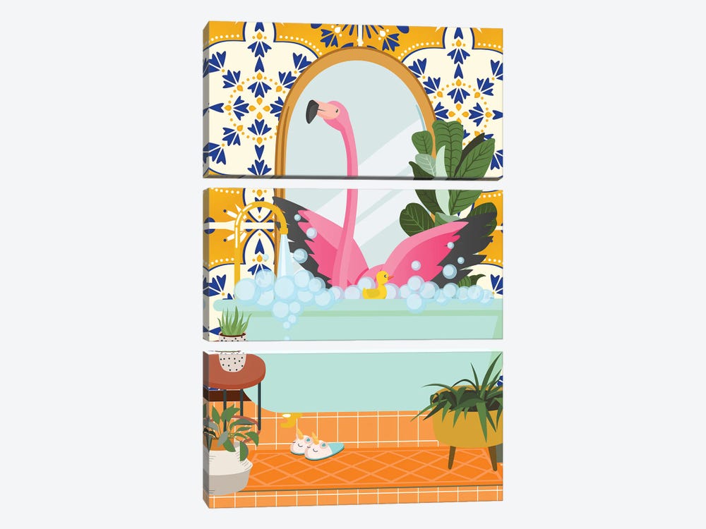 Flamingo In Boho Bathroom With Moroccan Tile by Jania Sharipzhanova 3-piece Art Print