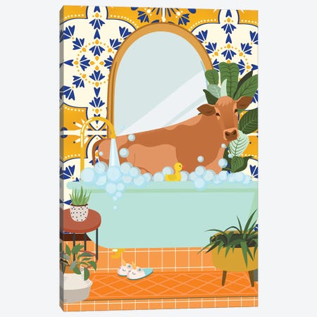 Cow In Boho Bathroom With Moroccan Tile Canvas Print #SHZ203} by Jania Sharipzhanova Canvas Artwork