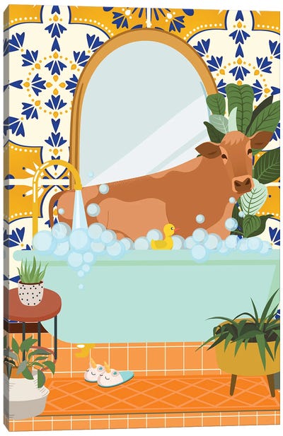 Cow In Boho Bathroom With Moroccan Tile Canvas Art Print