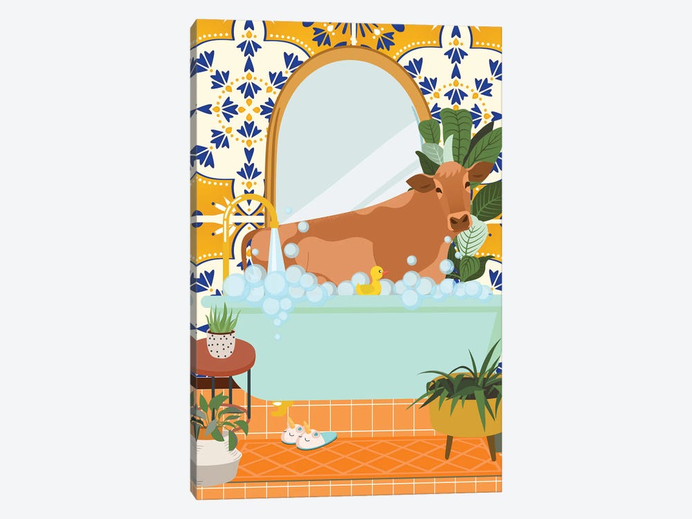 Cow In Boho Bathroom With Moroccan Tile by Jania Sharipzhanova 1-piece Canvas Wall Art