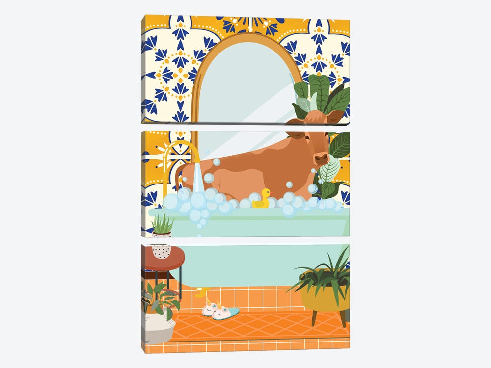 Cow In Boho Bathroom With Moroccan Tile by Jania Sharipzhanova 3-piece Canvas Artwork