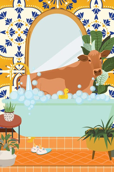 Jania Sharipzhanova: Cow In Boho Bathroom With Moroccan Tile by Jania Sharipzhanova