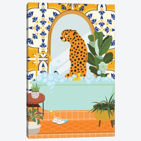Cheetah In Boho Bathroom With Moroccan Tile Canvas Print #SHZ204} by Jania Sharipzhanova Canvas Print