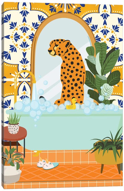 Cheetah In Boho Bathroom With Moroccan Tile Canvas Art Print - Cheetah Art
