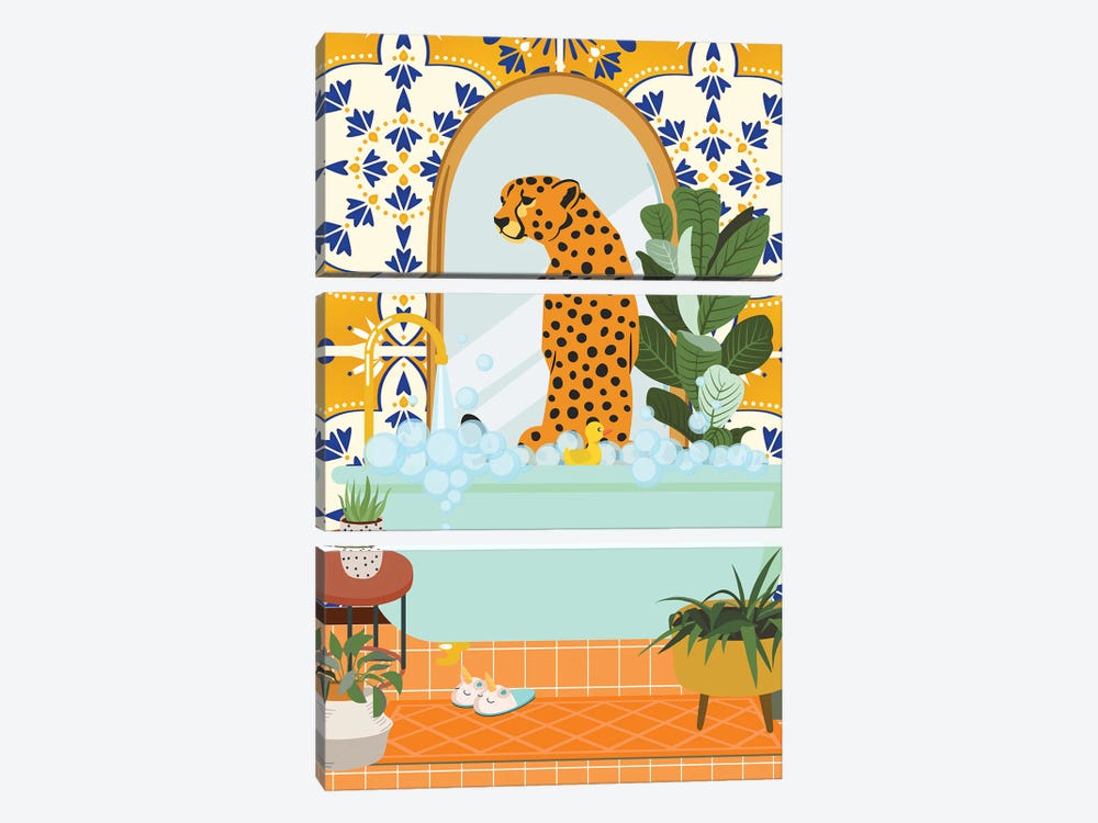 Cheetah In Boho Bathroom With Moroccan Tile by Jania Sharipzhanova 3-piece Canvas Art Print