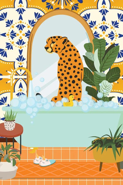 Wild Cats: Cheetah In Boho Bathroom With Moroccan Tile by Jania Sharipzhanova