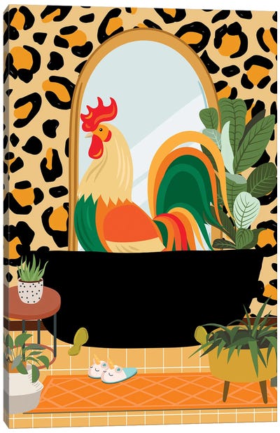 Rooster In Cheetah Bathroom Decor Canvas Art Print - Animal Patterns