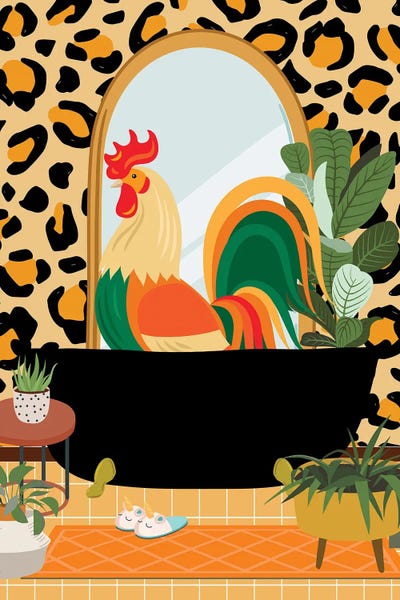 Animal Patterns: Rooster In Cheetah Bathroom Decor by Jania Sharipzhanova