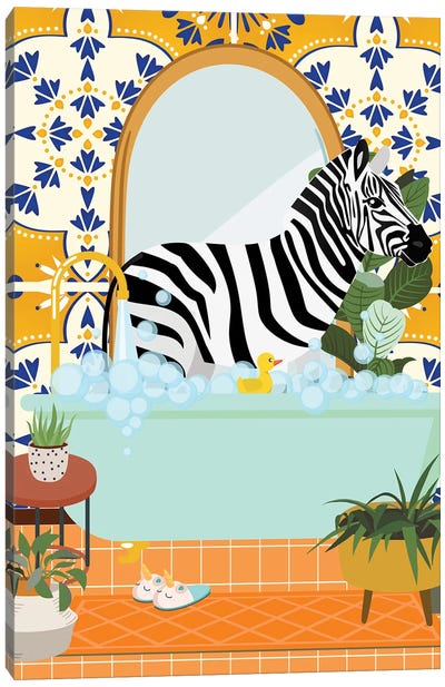 Zebra In Bathroom With Moroccan Tile Canvas Art Print
